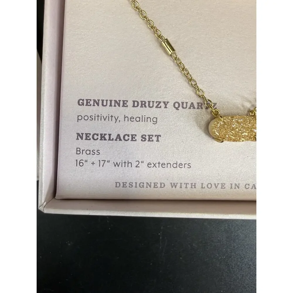 NIB Luna Norte Genuine Druzy Quartz Necklace Set Brass 16” 17” L + 2”